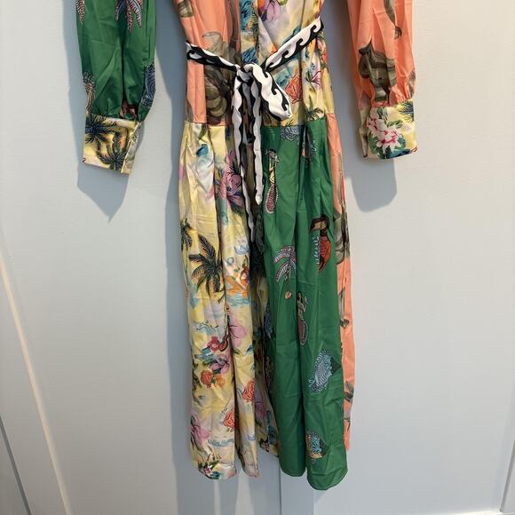 Tropical Print Maxi Dress Women Small Green Pink Long Sleeve Sash Toucan Mermaid - Picture 3 of 9